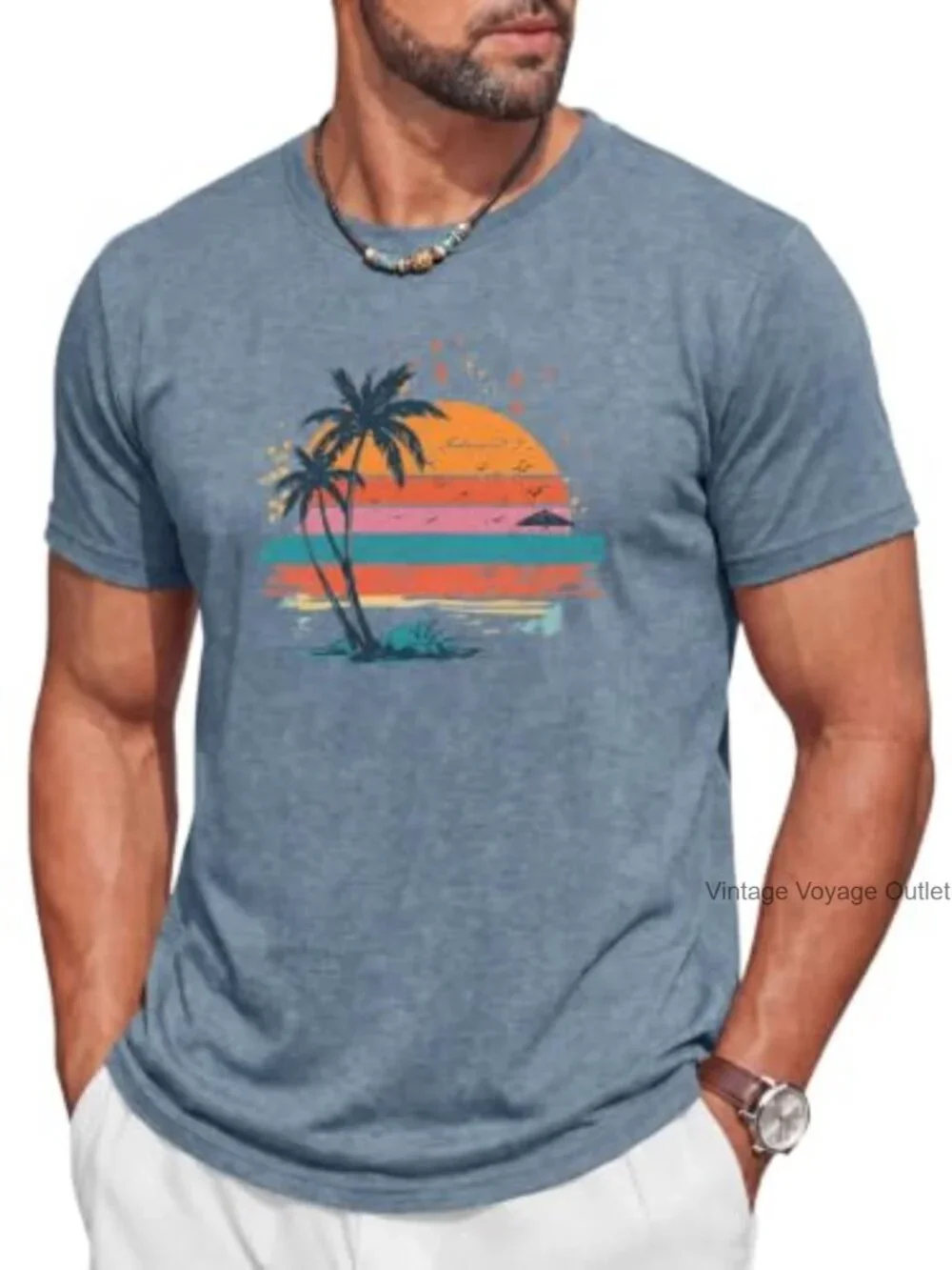 Men's Graphic Palm Tree Print Short Sleeve Hawaiian T-Shirt